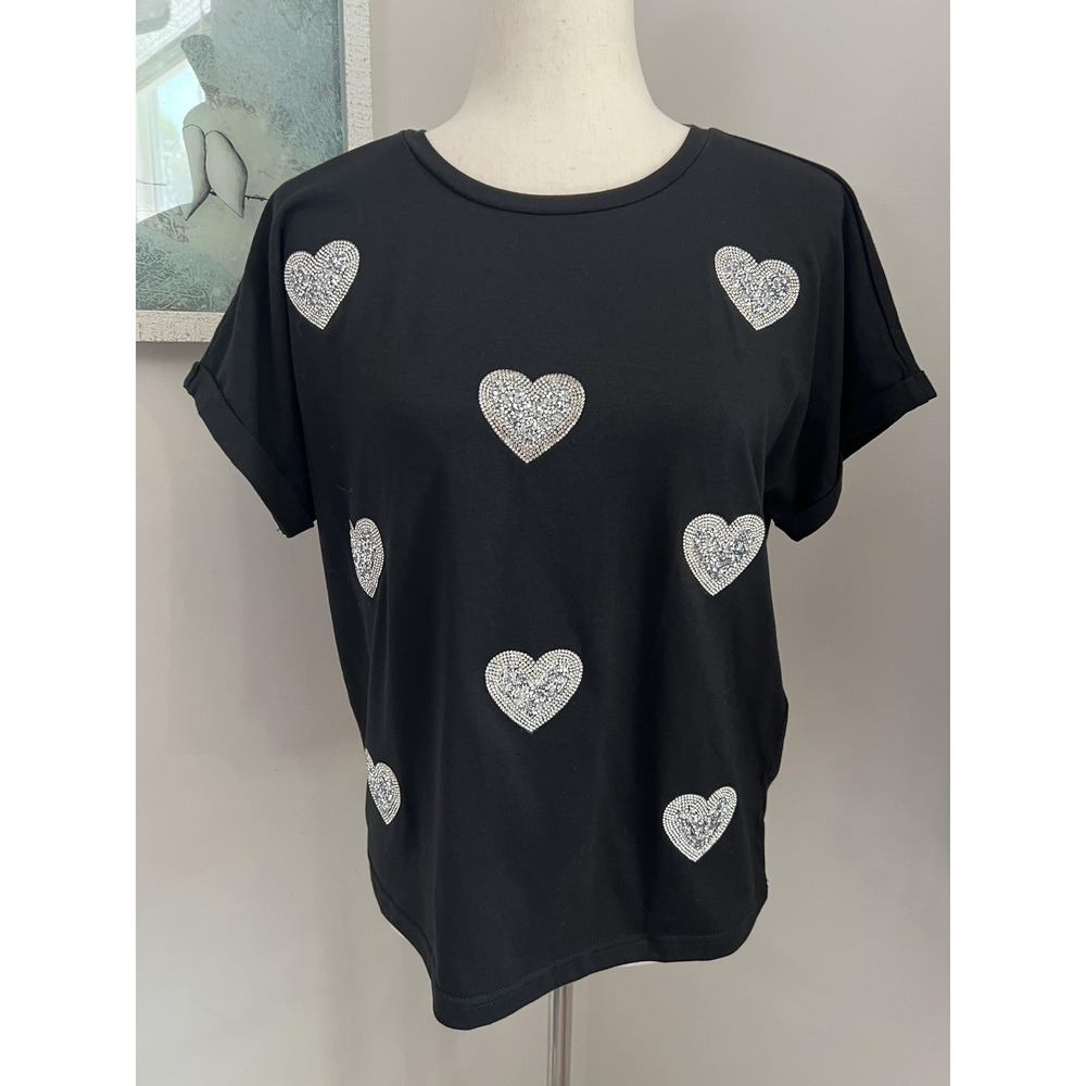 On Twelfth Top Womens Medium Black Rhinestone Heart Graphic Tee Casual Bling